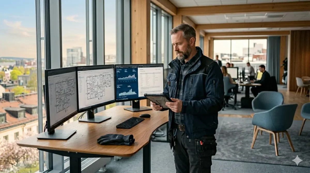 working man with multiple screens